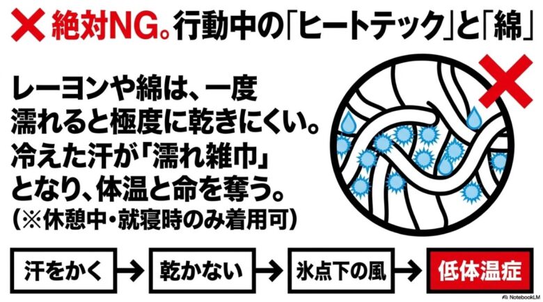 レーヨンや綿が汗で濡れると乾かず、氷点下の風にさらされることで低体温症を招くリスクを示すイラスト。