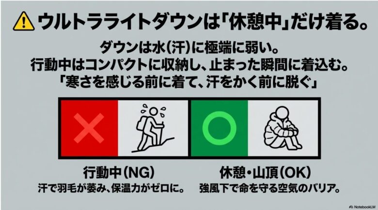 行動中は汗による保温力低下を防ぐため収納し、休憩中や山頂でのみ「空気のバリア」として着用することを推奨する図