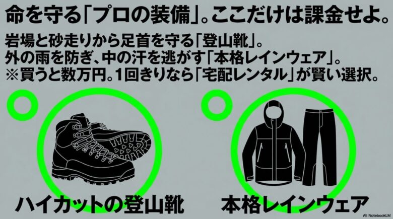岩場と砂走りから足首を守るハイカット登山靴と、外の雨を防ぎ中の汗を逃がす本格レインウェアのイラスト。