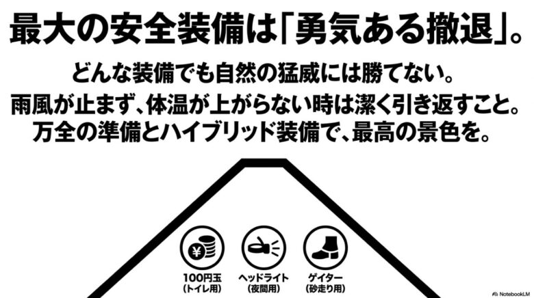 100円玉、ヘッドライト、ゲイターの重要性と、最大の安全装備は「勇気ある撤退」であることを示すアイコン