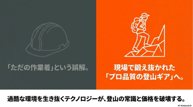 ワークマンの帽子が「安かろう」から「プロ顔負けの最新技術」へ進化したことを示し、1,000円〜2,000円台という驚異のコスパを強調するスライド