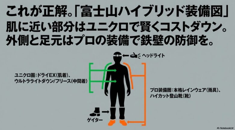 肌に近い層をユニクロ、外側と足元をプロ装備で固める「ハイブリッド装備」の構成を人物図解で示した完成形。