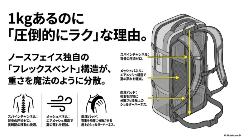 スパインチャンネル、エアメッシュパネル、肉厚ショルダーパッドにより、1kgの重さを感じさせないノースフェイス独自の背面構造の図解