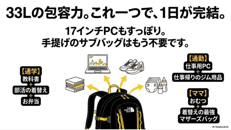 17インチPC、教科書、ジム用品、おむつなど、ビッグショット一つで様々なライフシーンに対応できることを示すイラストスライド