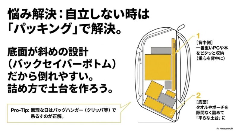 背中側に重いものを配置し、底面にタオル等で土台を作ることで、自立しにくいビッグショットを安定させるパッキング術の図解。