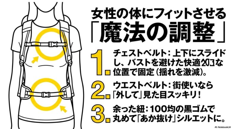 チェストベルトのスライド調整、ウエストベルトの着脱、余った紐のまとめ方など、女性がリュックをスマートに背負うための調整法
