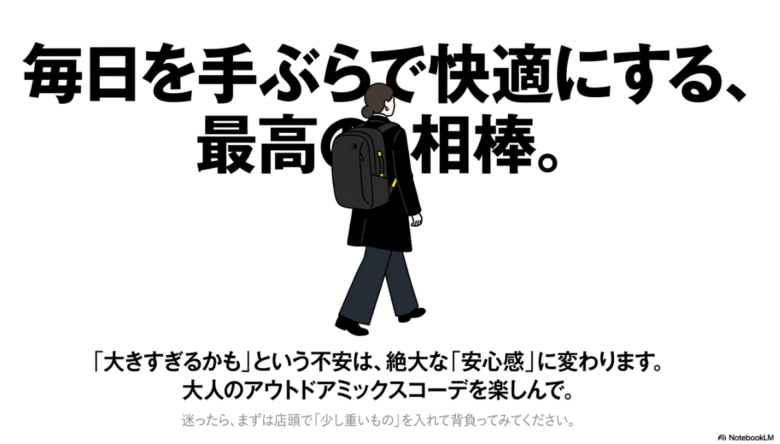 大きすぎる不安を安心感に変え、アウトドアミックスコーデを楽しむことを提案する、記事の締めくくりメッセージスライド