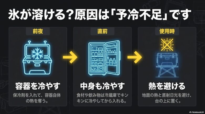 前夜に容器を冷やす、中身も冷蔵庫で冷やす、使用時に直射日光や地面の熱を避けるという3つの予冷手順を解説したスライド。