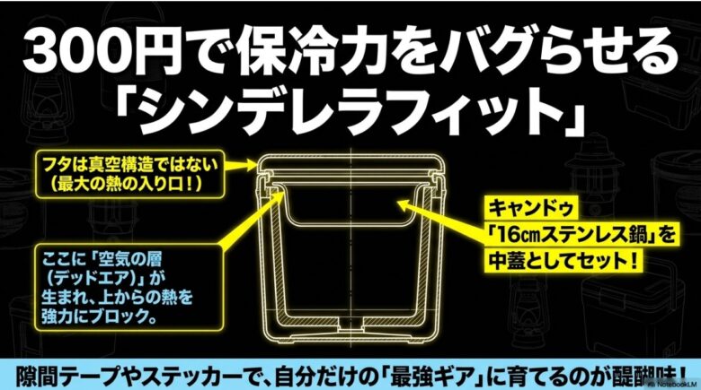 真空構造ではないフタからの熱侵入を防ぐため、100均の16cmステンレス鍋を中蓋としてセットし、空気の層（デッドエア）を作ることで保冷力を強化する図解スライド。