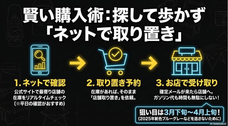 公式サイトで在庫をリアルタイムチェックし、店舗取り置きを依頼して無駄なく受け取るまでのステップを解説したスライド。狙い目は3月下旬〜4月上旬であることも記載。
