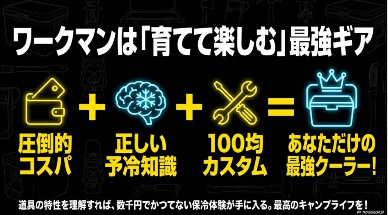正しい予冷知識と100均カスタムを組み合わせることで、数千円で最高のアウトドア体験を手に入れようと呼びかけるまとめスライド。