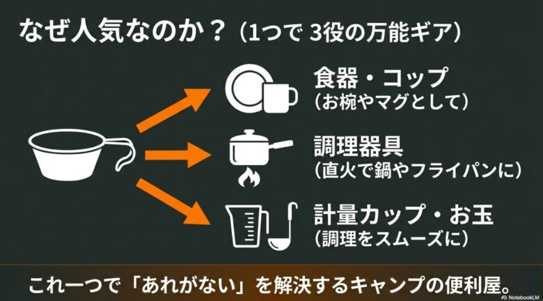 シェラカップが1つで食器・コップ、調理器具、計量カップ・お玉の3役をこなす万能ギアであることを説明した図解
