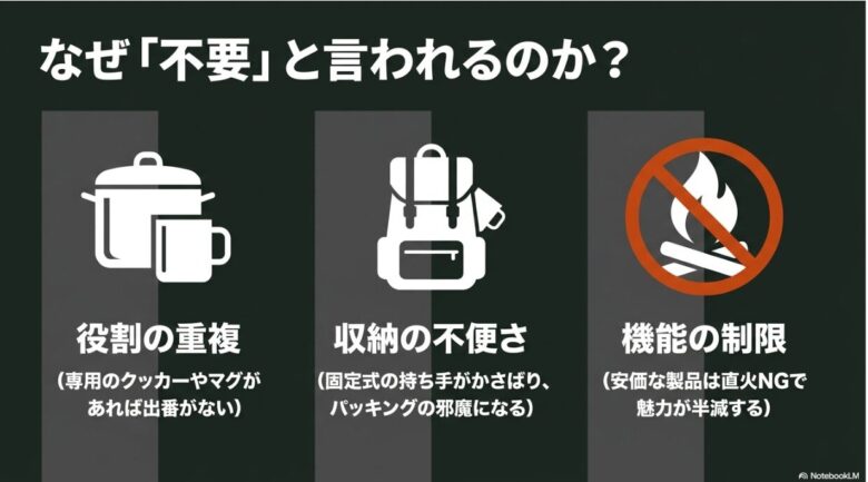 シェラカップが不要と言われる理由として「役割の重複」「収納の不便さ」「機能の制限」の3点を挙げた図解