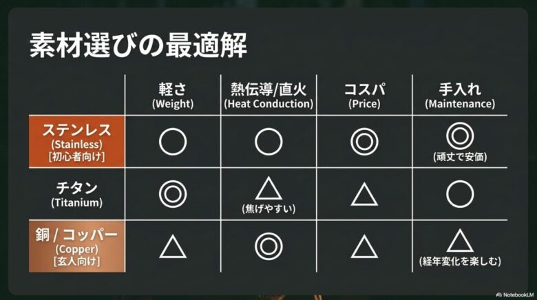 ステンレス（初心者向け）、チタン、銅・コッパー（玄人向け）といったシェラカップの素材ごとの特徴（軽さ、熱伝導、コスパ、手入れ）を比較した図