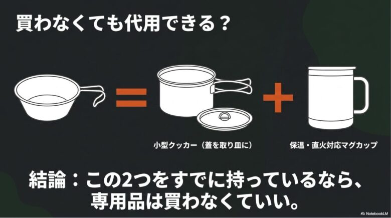 シェラカップは「小型クッカー」と「保温・直火対応マグカップ」で代用可能であり、この2つを持っているなら専用品は買わなくていいと結論づけた図解