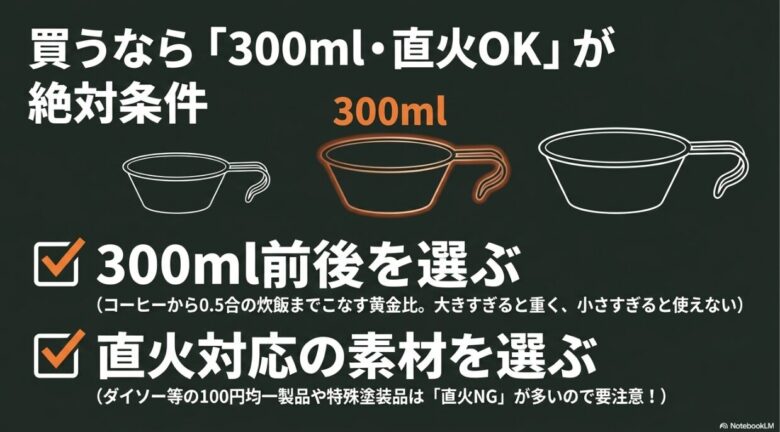 シェラカップを買うなら「容量300ml前後を選ぶ」ことと「直火対応の素材を選ぶ」ことが絶対条件であることを解説した図解