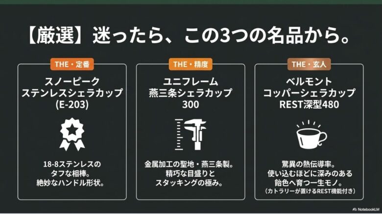 おすすめのシェラカップとして、スノーピーク（THE・定番）、ユニフレーム（THE・精度）、ベルモント（THE・玄人）の3製品を紹介した画像