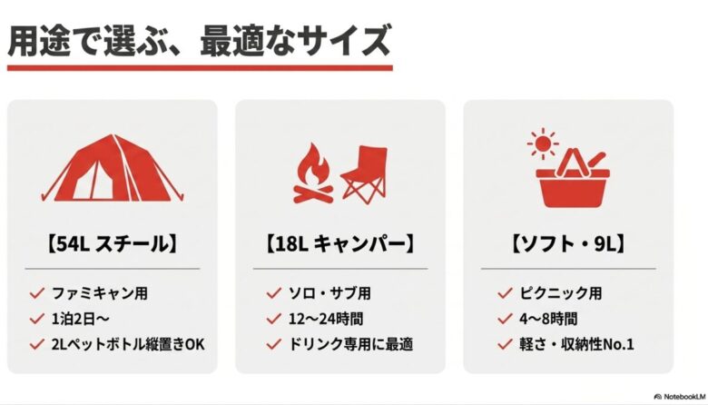54Lスチール、18Lキャンパー、ソフト・9Lモデルの用途、保冷目安、特徴を比較した一覧スライド