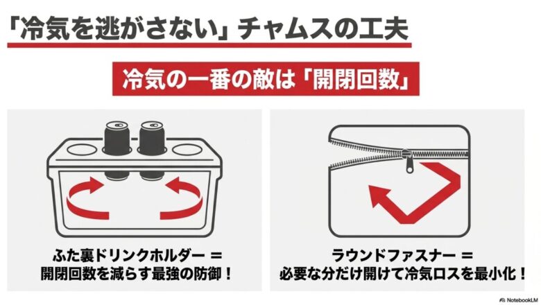 蓋の裏のドリンクホルダーやラウンドファスナーが冷気の流出を防ぐ仕組みを説明するイラストスライド