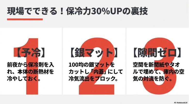 予冷、銀マットの内蓋、隙間ゼロによる空気の対流防止を説明する3つのポイントスライド