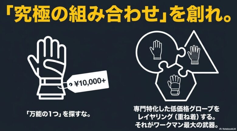 1万円以上の高級グローブ1つに頼るのではなく、専門特化した低価格グローブを組み合わせて使う「ワークマン最大の武器」を説明する図解スライド。