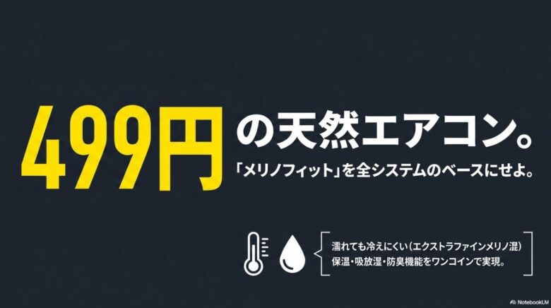 499円のメリノフィットをシステムのベースとして推奨するスライド。濡れても冷えにくく、保温・吸湿・防臭をワンコインで実現する特徴を解説