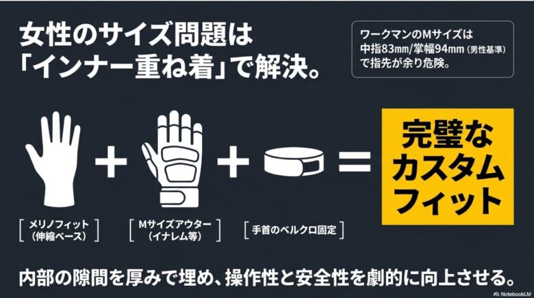 ワークマンのMサイズは男性基準（中指83mm）で指先が余りやすいため、インナーグローブを重ねて隙間を埋める「カスタムフィット」の図解