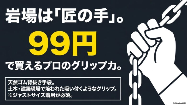 99円で買える天然ゴム背抜き手袋「匠の手」が持つ、プロ仕様の強力なグリップ力と、ジャストサイズ着用の重要性を説くスライド。
