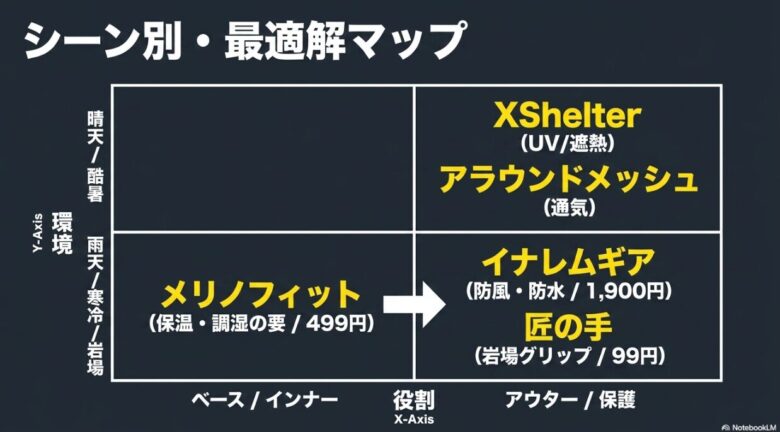 縦軸に「ベース/アウター」、横軸に「環境（晴天・雨天・岩場）」をとり、各モデルの最適な使い分けをマトリックス形式でまとめた図解。