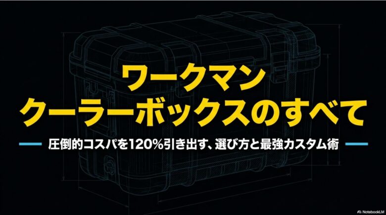 「ワークマン クーラーボックスのすべて」というタイトルのスライド画像。圧倒的コスパを引き出す選び方とカスタム術をテーマにしている。