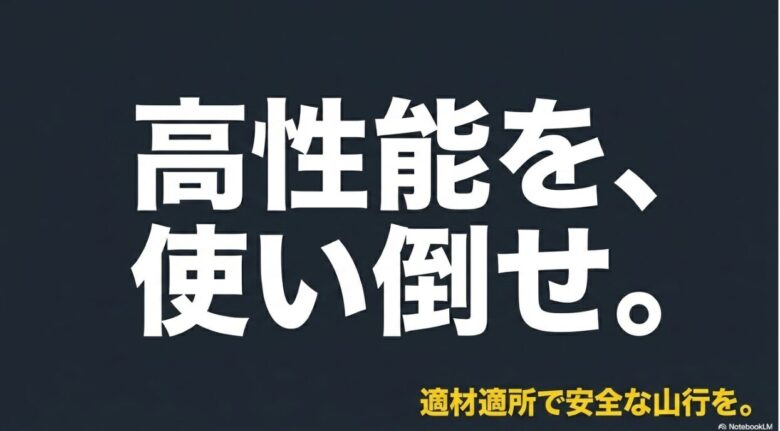 「高性能を、使い倒せ。適材適所で安全な山行を。」というメッセージが書かれたエンディングスライド。