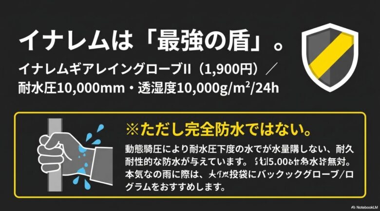 イナレムギアレイングローブIIの耐水圧20,000mm、透湿度25,000g/m2/24hというスペックと、ポールのグリップなど動的圧力による浸水リスクを説明したスライド。