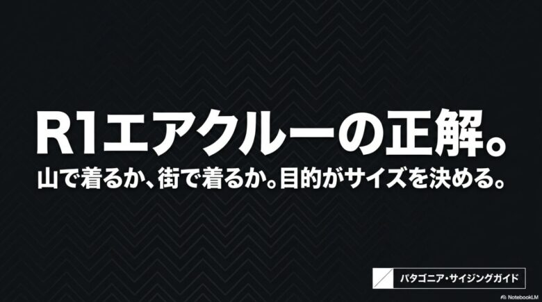 「R1エアクルーの正解。山で着るか、街で着るか。目的がサイズを決める。」と書かれたサイジングガイドの表紙スライド