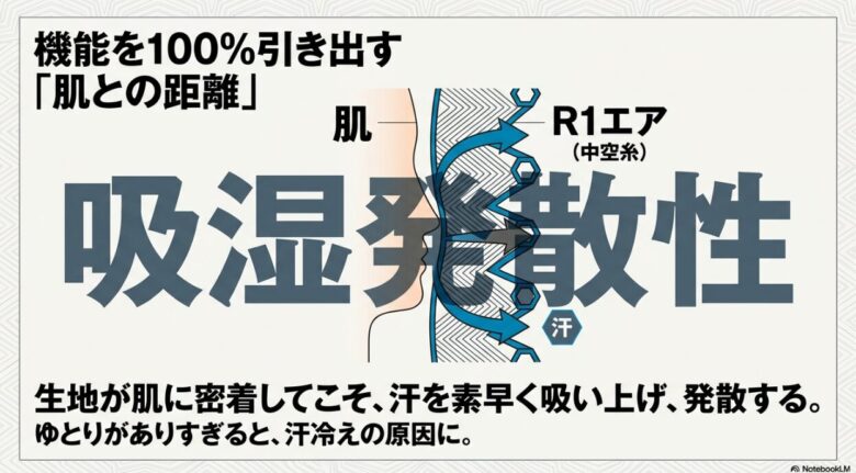 R1エアの中空糸が汗を吸い上げる図解。生地が肌に密着することで吸湿発散性が最大化され、ゆとりがありすぎると汗冷えの原因になることを説明している