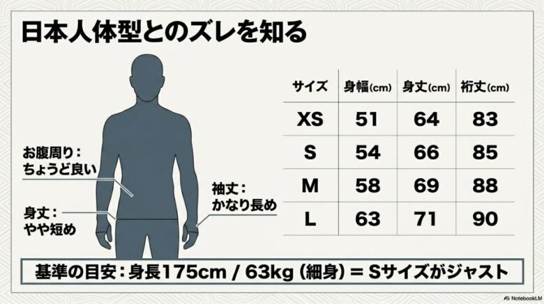 各サイズの身幅・身丈・裄丈のデータ表と、日本人体型では「お腹周りはちょうど良いが、身丈はやや短く、袖丈がかなり長い」という特徴を示したイラスト