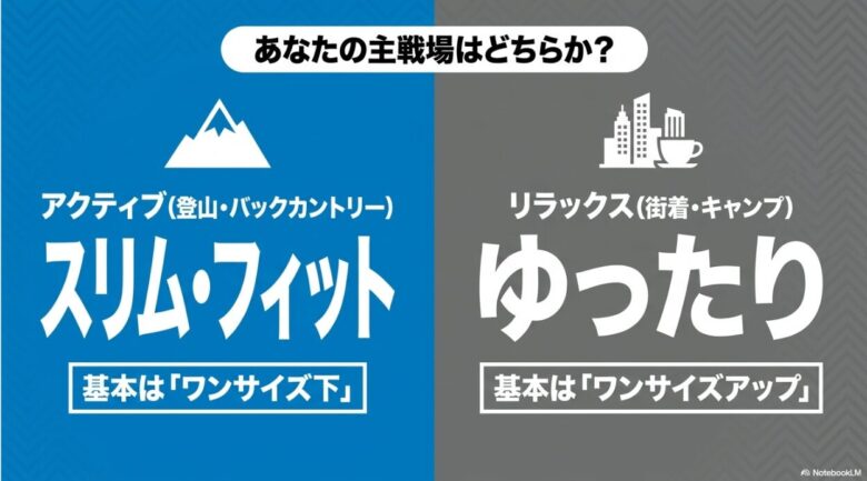 登山・バックカントリーなら「スリム・フィット（ワンサイズ下）」、街着・キャンプなら「ゆったり（ワンサイズアップ）」を推奨する比較スライド