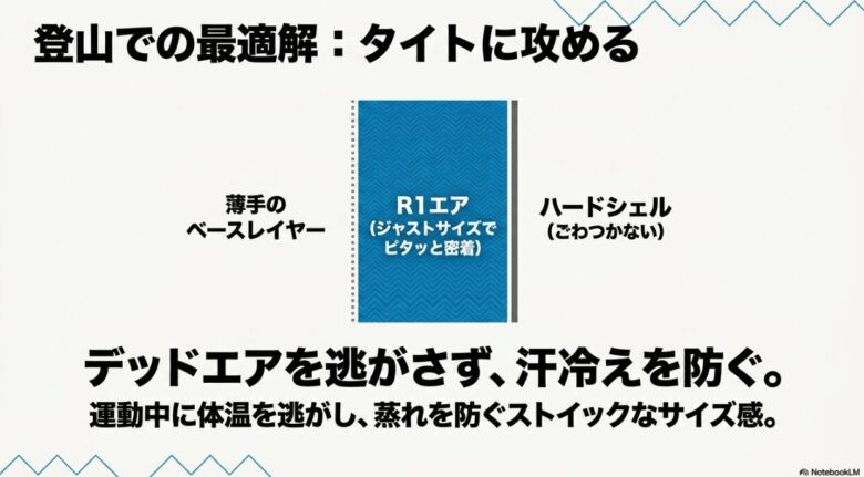 薄手のベースレイヤーの上にジャストサイズのR1エアを重ね、その上にハードシェルを羽織るレイヤリング図。デッドエアを逃がさず蒸れを防ぐ仕組みを解説