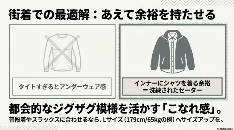 インナーにシャツを着る余裕を持たせることで洗練された印象になることを示すイラスト。179cm/65kgの例でLサイズへのサイズアップを提案している