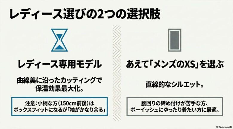 レディース専用モデル（カッティング重視）」と「あえてメンズXS（直線的シルエット重視）」の2つの選び方を比較したスライド。