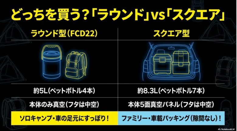 ラウンド型（約5L）とスクエア型（約8.3L）の容量、断熱構造、適した利用シーンを対比させた比較表スライド。