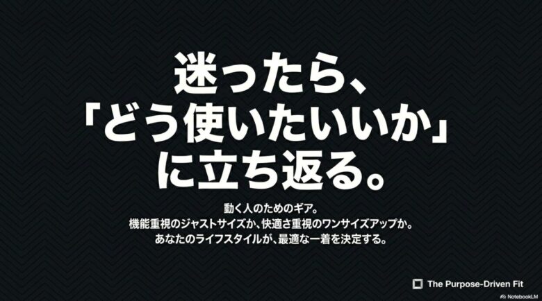 「迷ったら、どう使いたいかに立ち返る。」というメッセージ。機能重視か快適さ重視か、ライフスタイルに合わせてサイズを決めることを促すまとめのスライド。