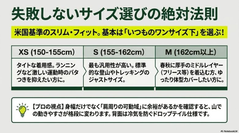 日本人女性の身長に合わせたサイズ（XS、S、M）の選び方。各サイズの着用感と、肩周りの可動域を確認するアドバイス。