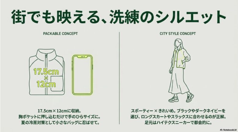 胸ポケットに収納した際のサイズ（17.5cm×12cm）と、ロングスカートやスラックスに合わせた洗練されたシルエットのイラスト。