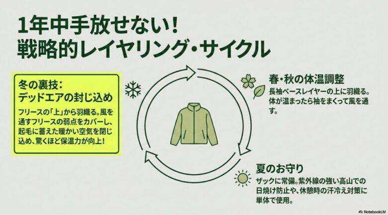 春秋の体温調整、夏の汗冷え対策、冬のフリース重ね着による保温力向上など、季節ごとの活用法をまとめた図。