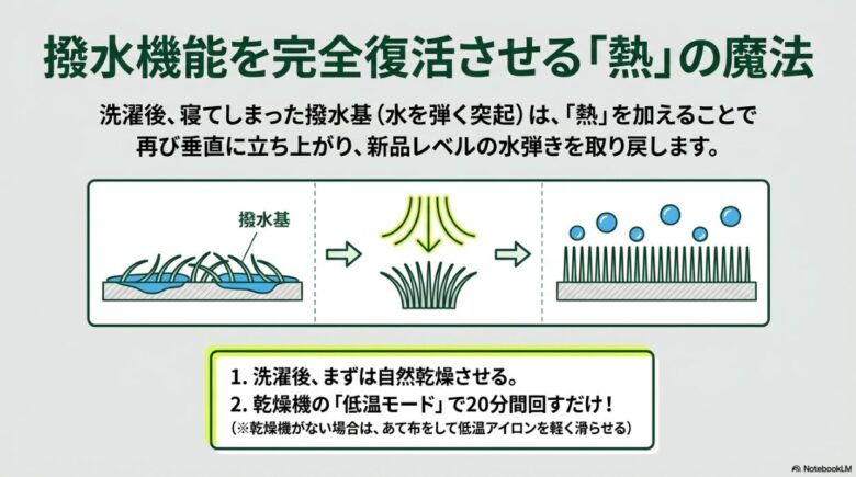 洗濯後に自然乾燥させ、乾燥機の低温モードで20分回すことで撥水基を立ち上げ、水弾きを取り戻すプロセスの解説