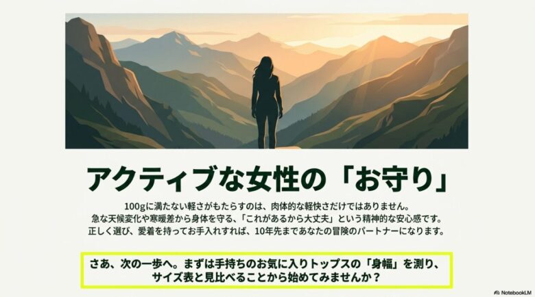 山々を背景にした女性のシルエット。100gに満たない軽さが精神的な安心感をもたらし、10年先のパートナーになるというメッセージ