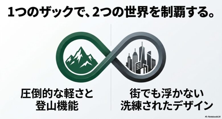 圧倒的な軽さと登山機能、街でも浮かない洗練されたデザインという解説スライド