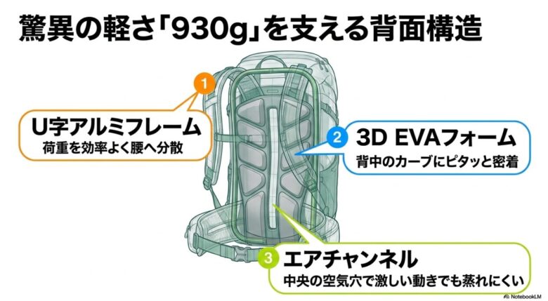 U字アルミフレーム、3D EVAフォーム、エアチャンネルの構造を示す図解