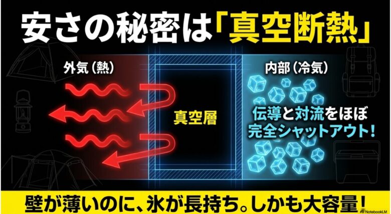 真空層が外気の熱（伝導と対流）をシャットアウトし、内部の冷気を守る仕組みを図解したスライド。壁が薄くても高い保冷力を発揮することを説明している