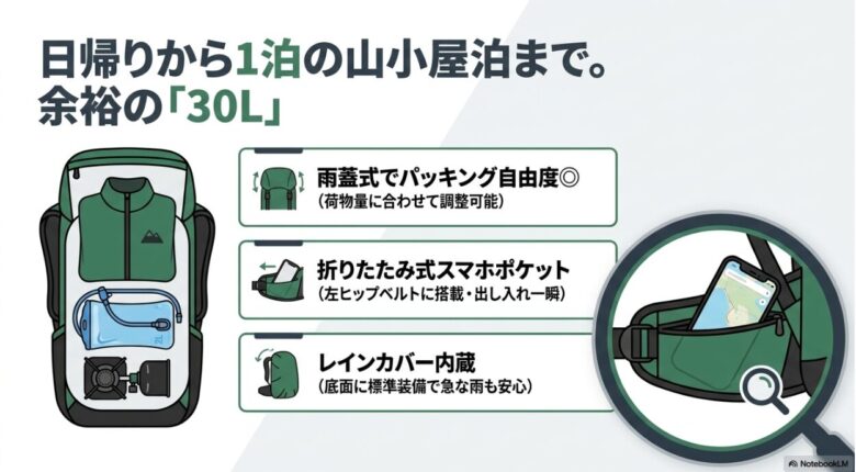 雨蓋式パッキング、スマホポケット、内蔵レインカバーの解説図